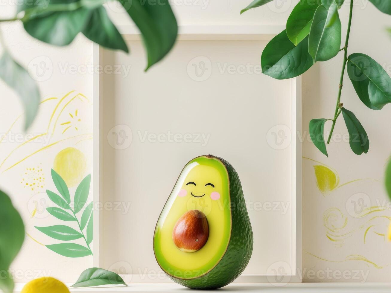 An avocado with a frame and lemon on a table photo