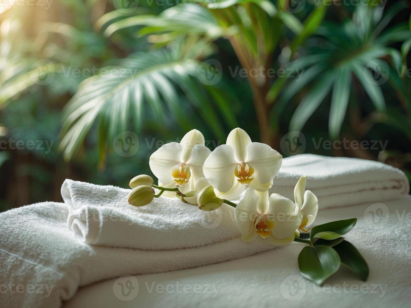 Spa massage setting with towels and orchids surrounded by tropical greenery for relaxation and wellness promotion. photo