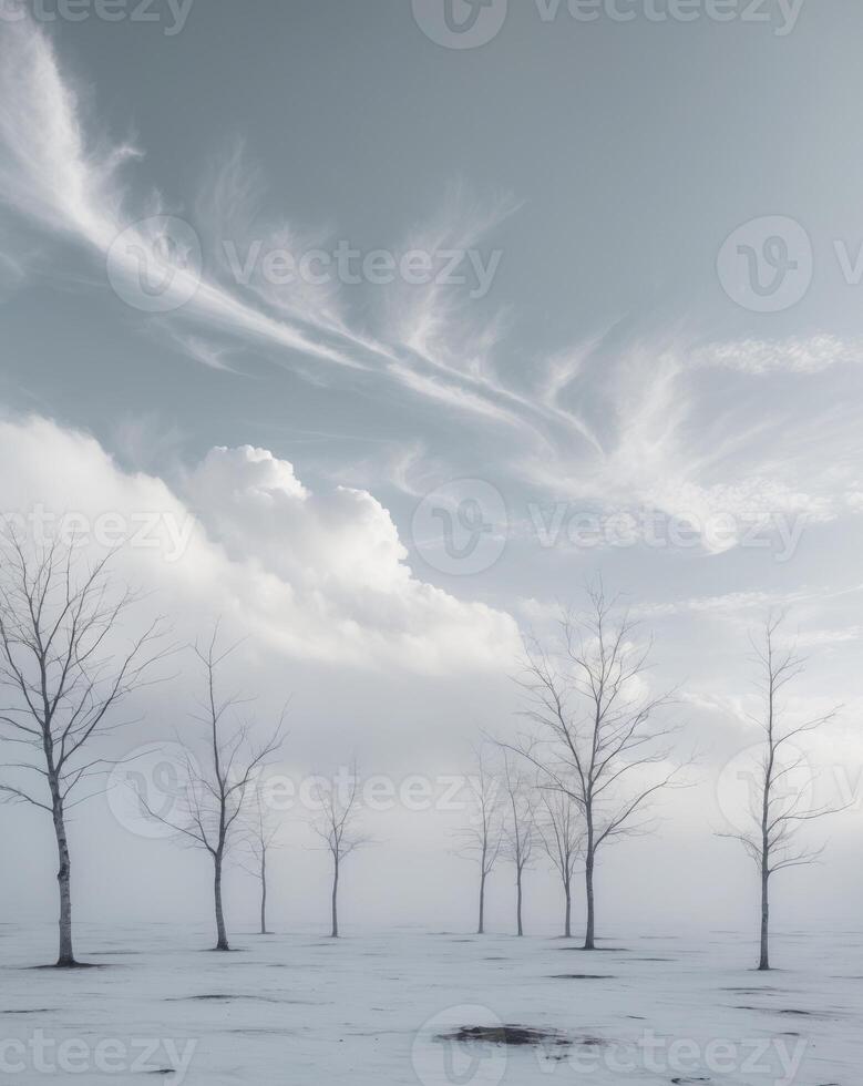 A group of bare trees in a snowy field photo