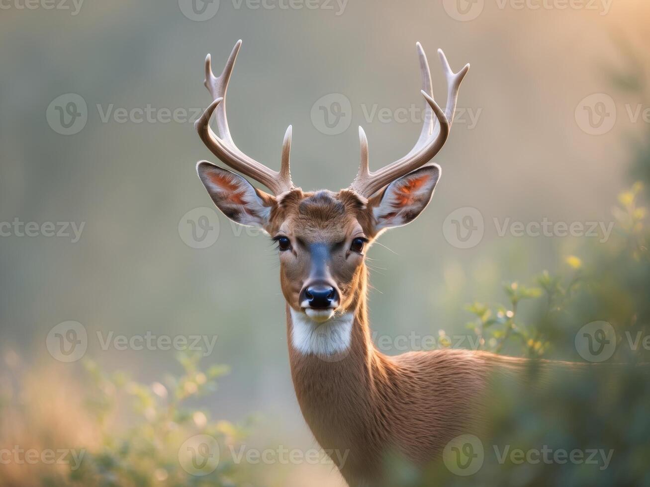 A deer with large antlers is standing in the grass photo
