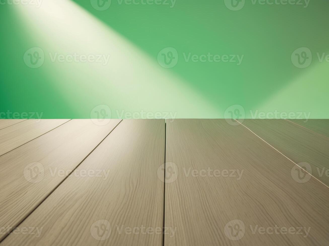 Wooden table with green wall background photo