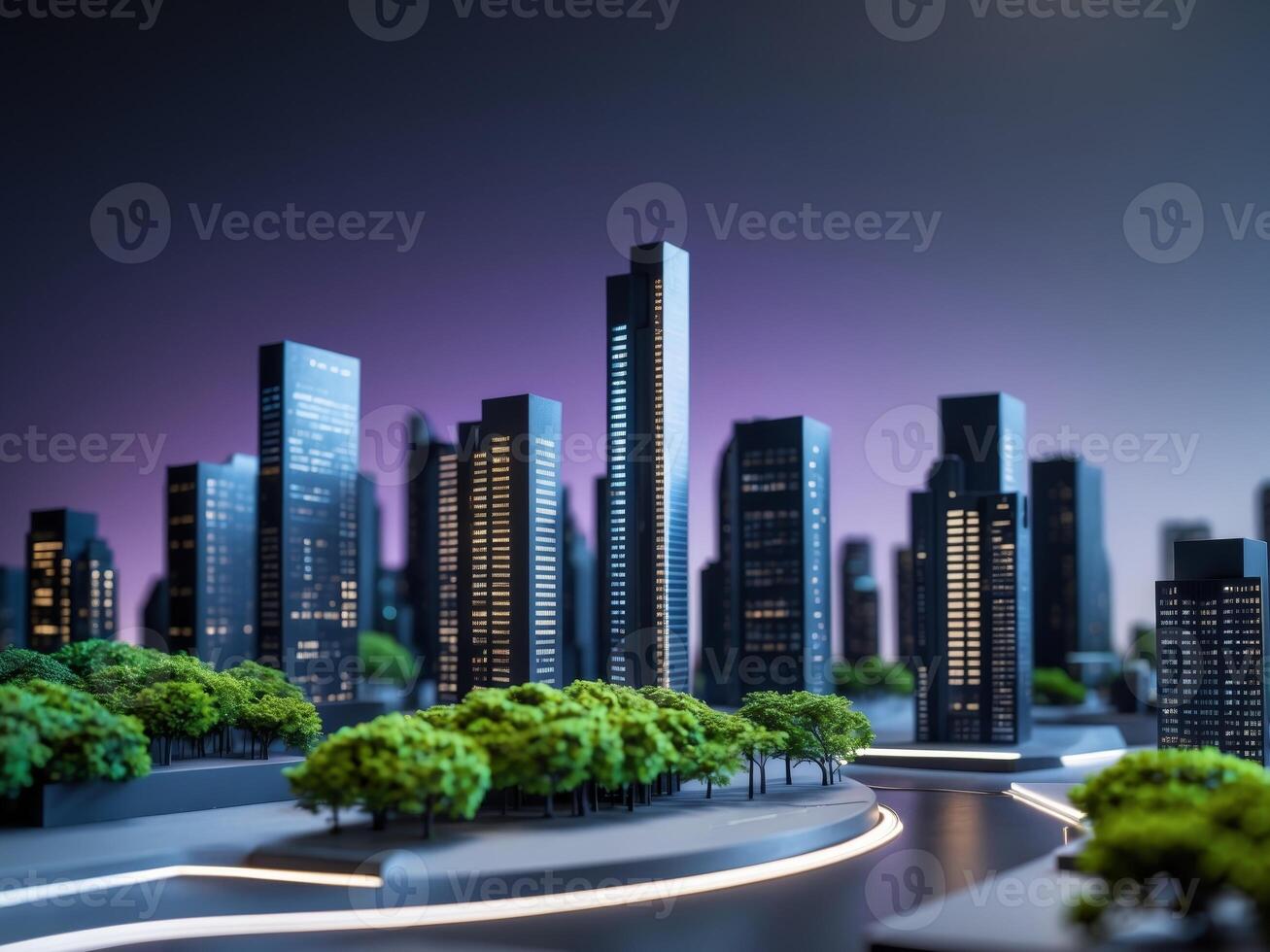 3d rendering of cityscape with trees and buildings photo