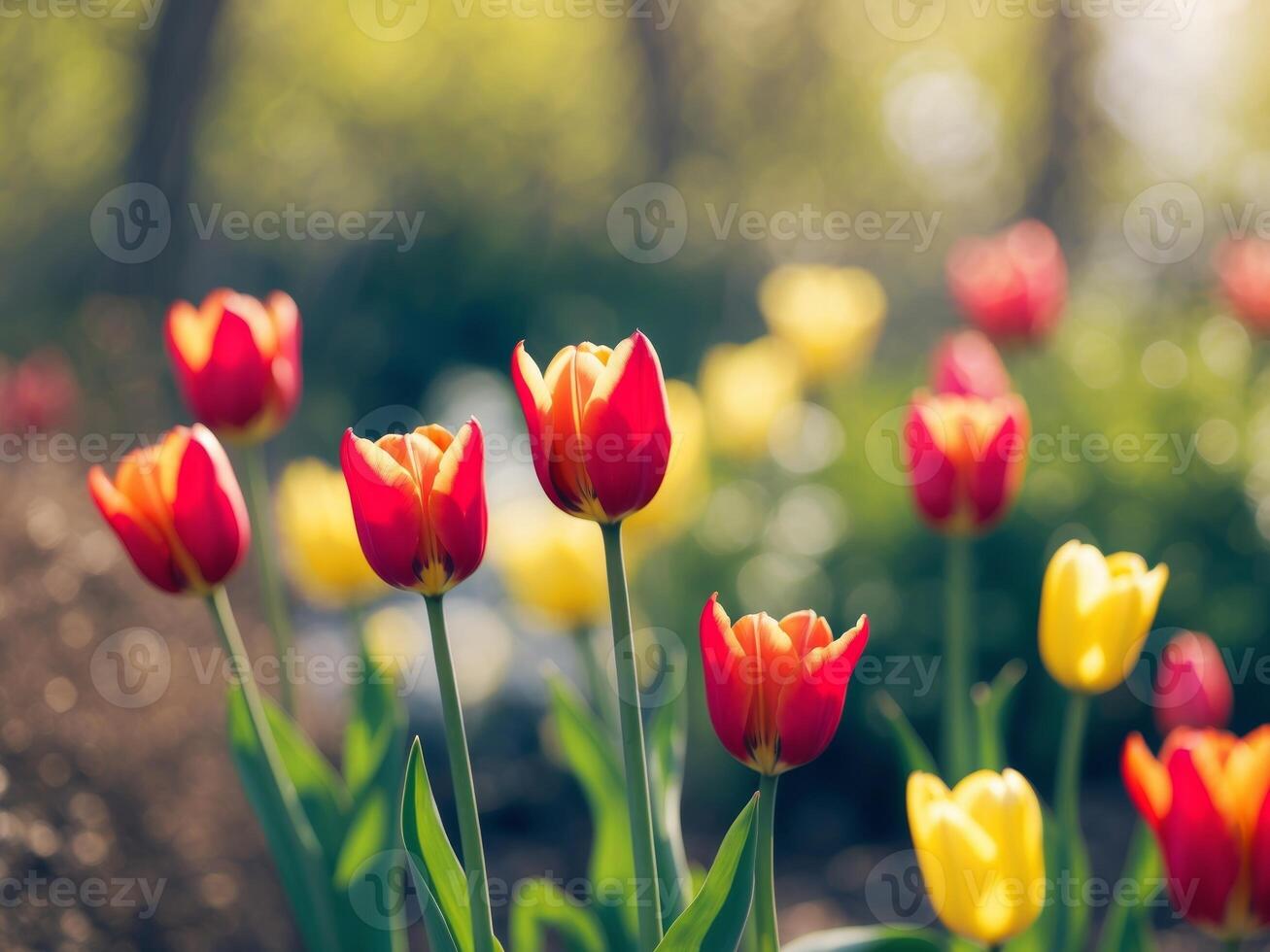Vibrant Red and Yellow Tulips Blooming in Sunlit Spring Garden Landscape photo