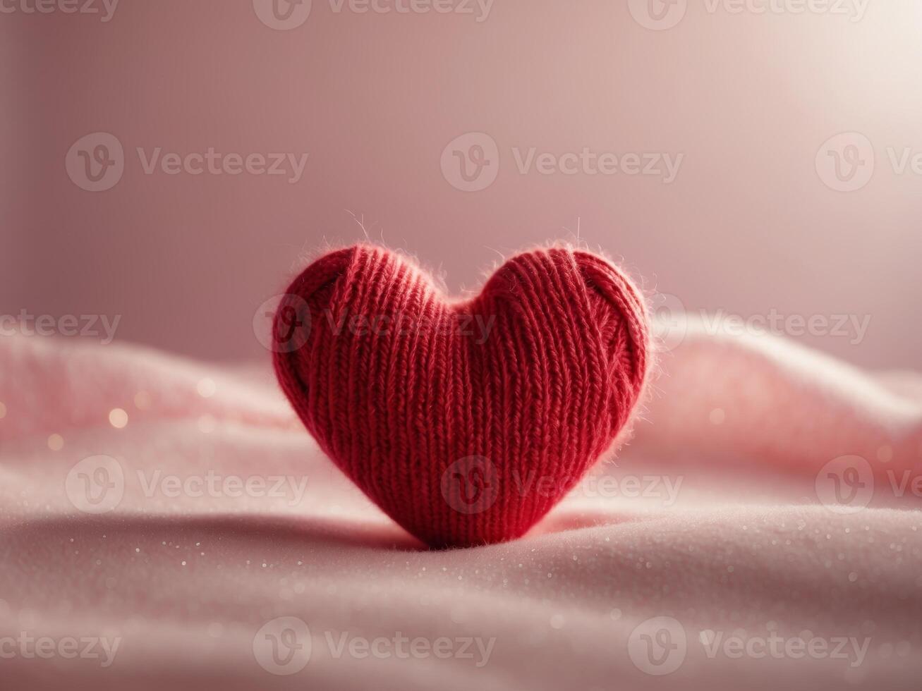 Knit red heart with soft illumination on pink background festive decoration concept holiday love warmth and affection. photo