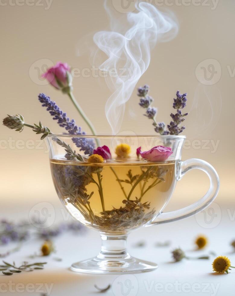 Steaming Herbal Tea in Glass Cup with Dried Floral Ingredients photo