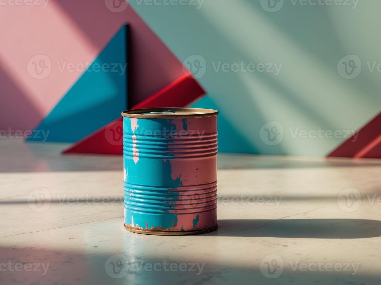 Vibrant colored can amidst bold abstract shapes photo