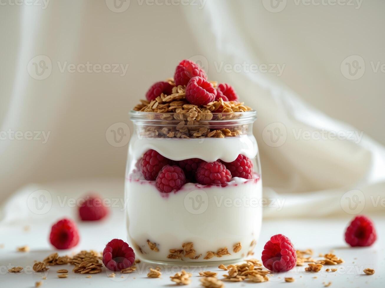 Yogurt with raspberries and granola photo
