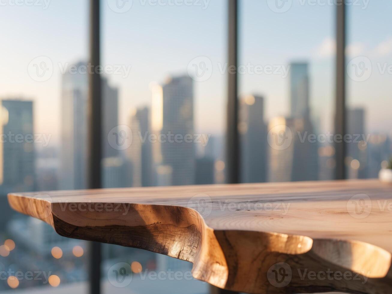 A wooden table with a cityscape in the background photo