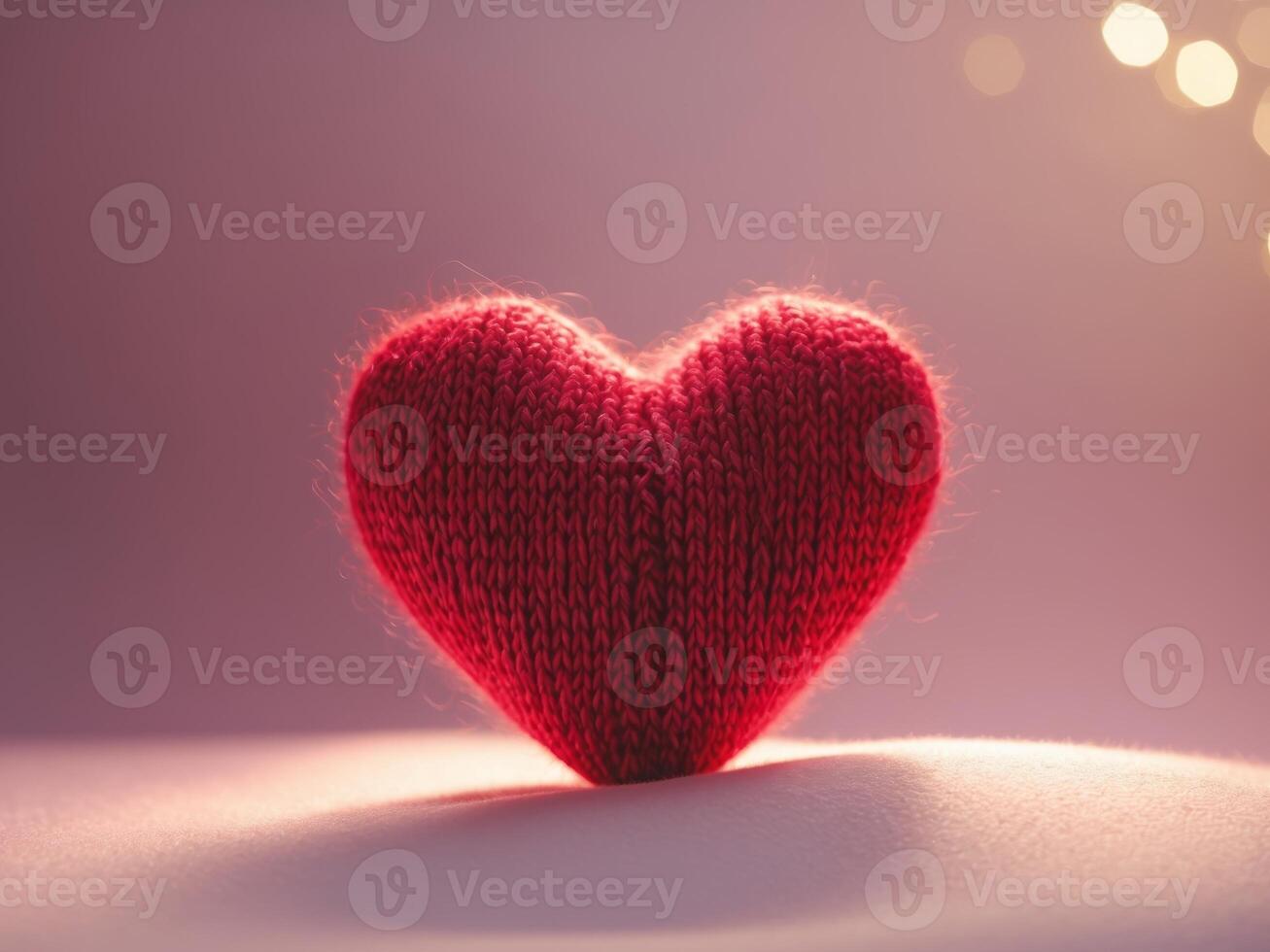 Knit red heart with soft illumination on pink background festive decoration concept holiday love warmth and affection. photo