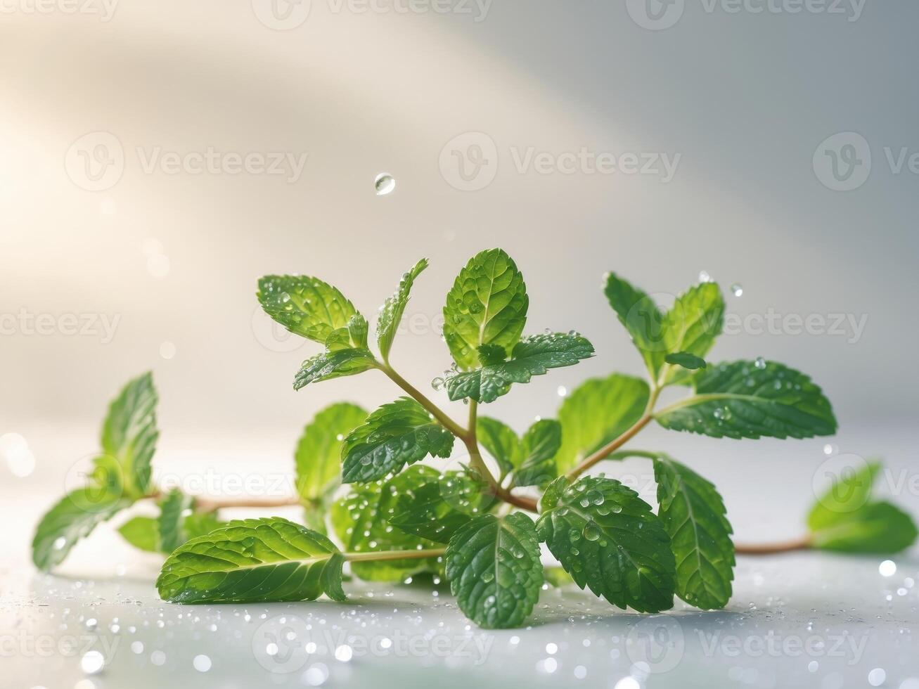 Fresh mint leaves with water splash create refreshing scene photo