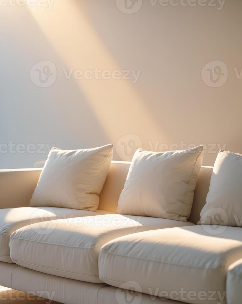 Stylish sofa with soft cushions bathed in warm sunlight creates. photo