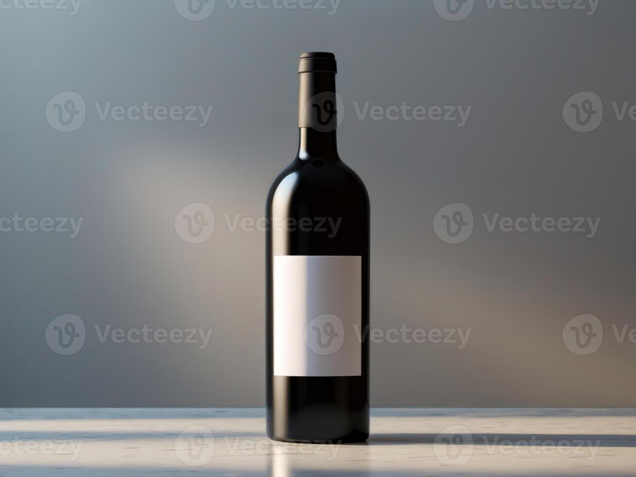 Bottle of red wine with blank label on marble surface. photo