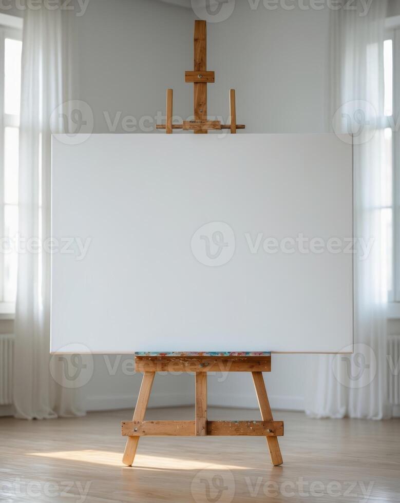 a large blank white canvas on a sturdy wooden easel standing in an art studio. photo