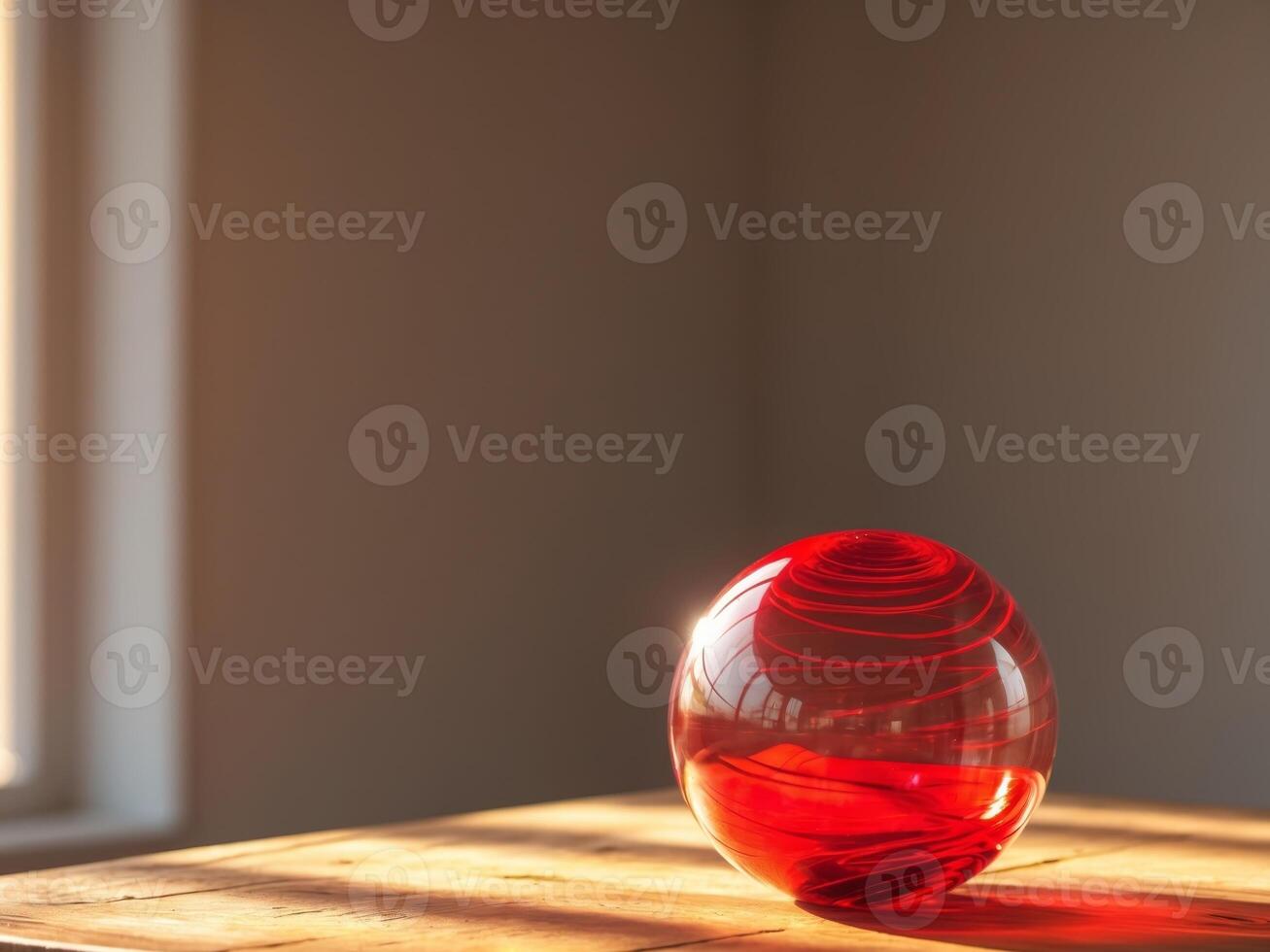 Decorative red glass ball elegantly resting on a sunlit wooden surface enhancing interior aesthetics with vibrant colors and soft reflections. photo