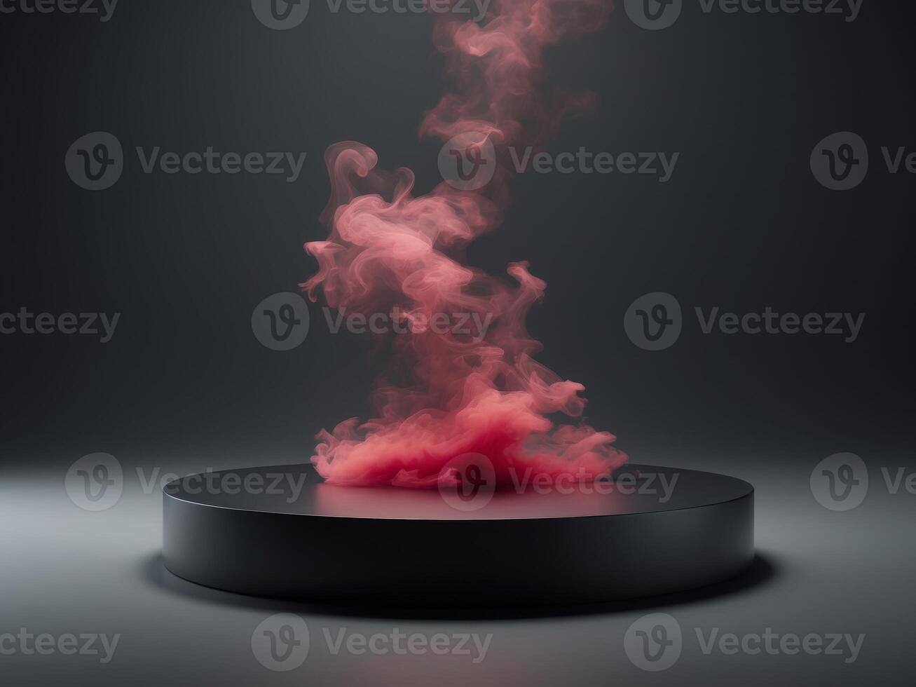 Empty round podium on black background with red smoke. photo