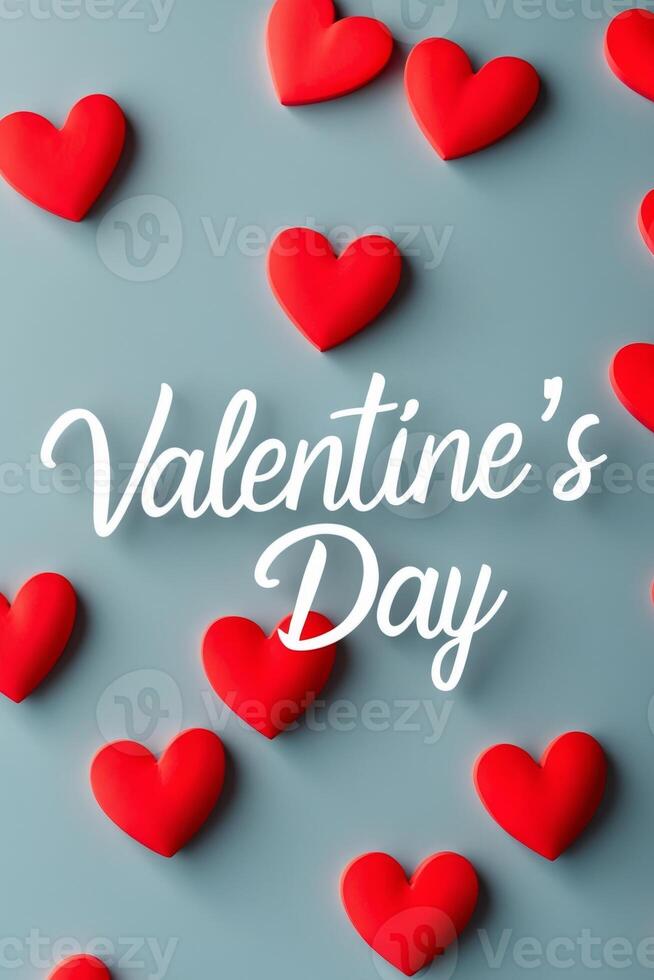 Valentine's day greeting card with bright red hearts on a blue background with text valentine's day and large space for text. photo
