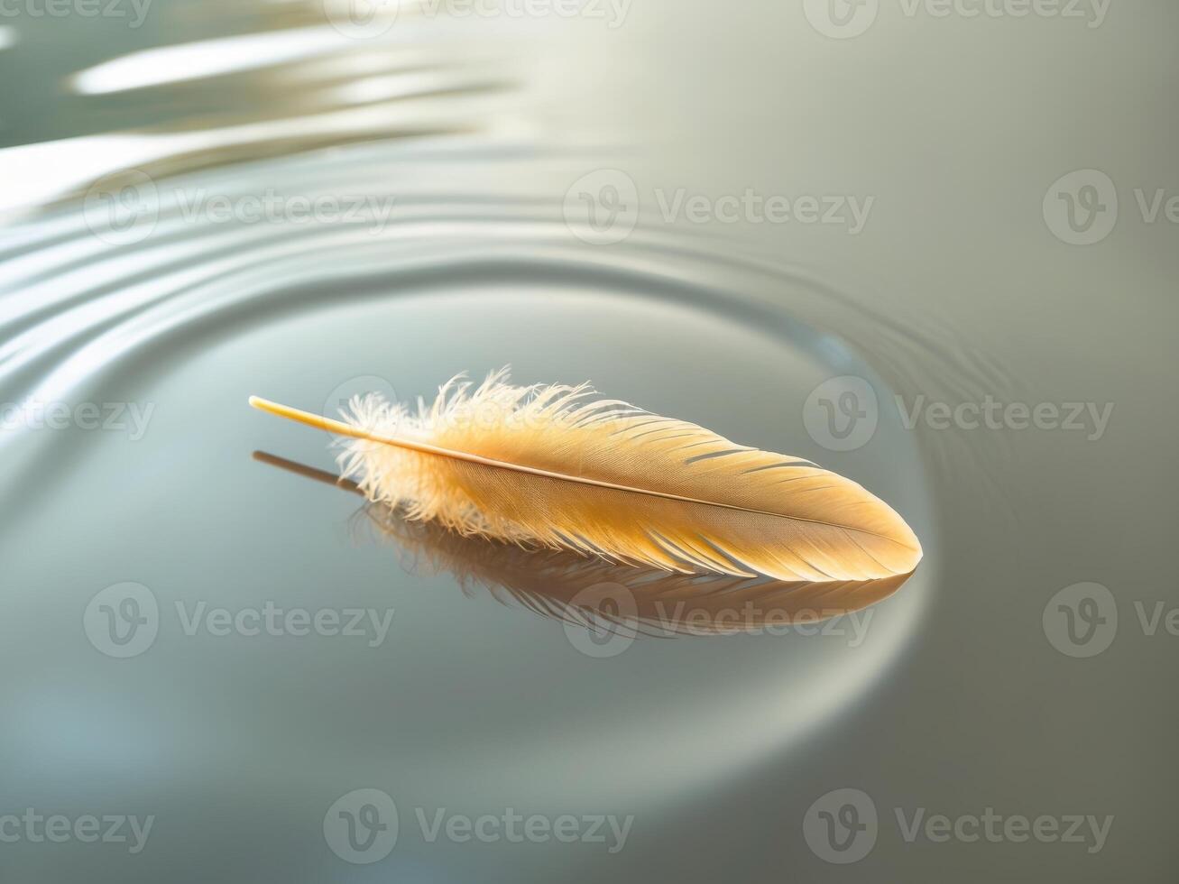 A feather floating on top of water with ripples photo