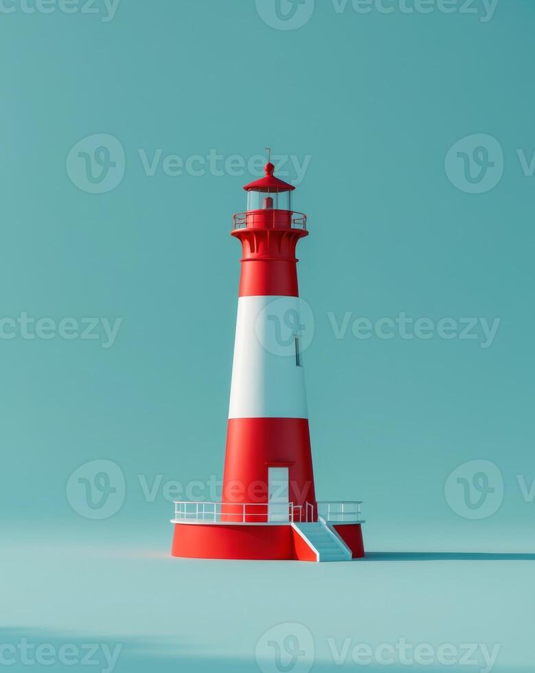 A red and white lighthouse on a blue background photo