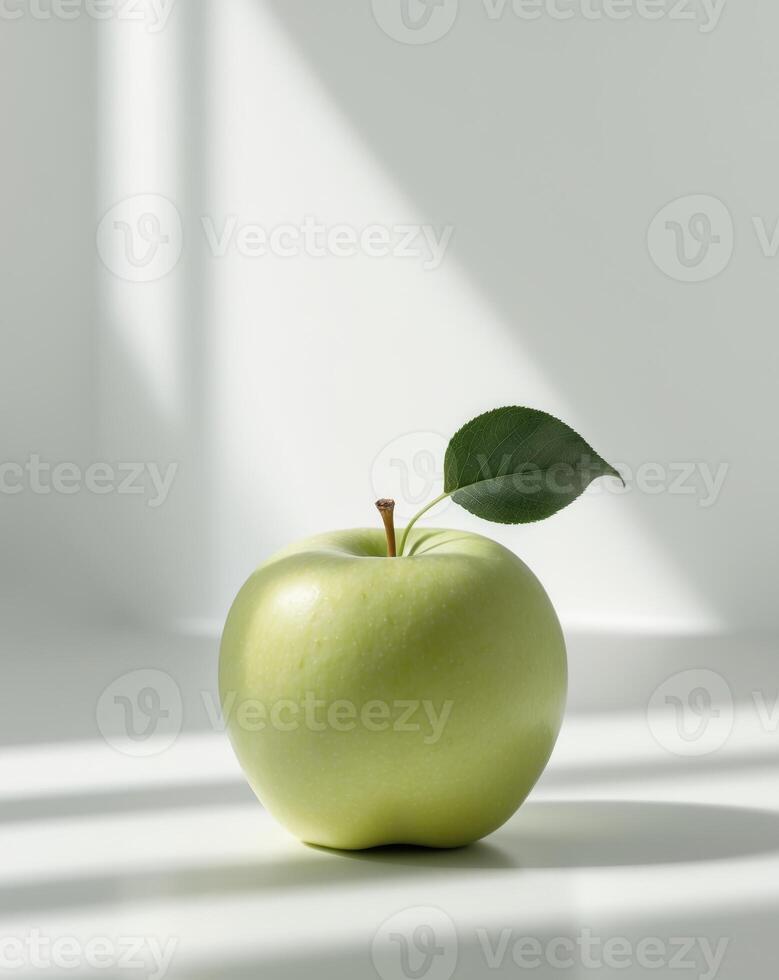 Fresh Green Apple with Leaf Illustrating Vibrant Natural Beauty. photo