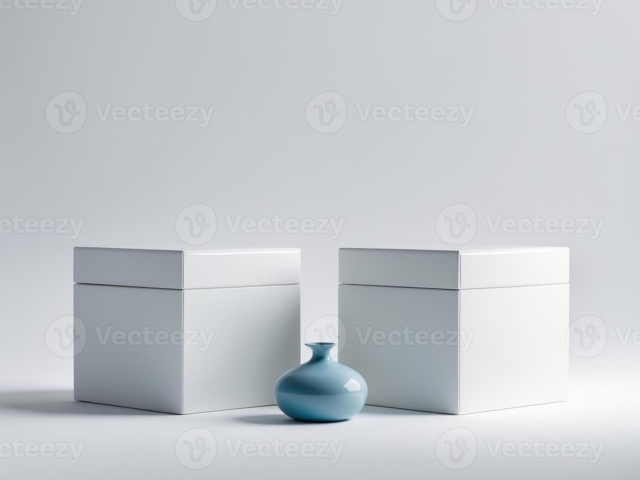 Two white boxes with blue vases in front of them photo