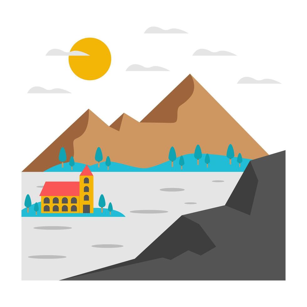 A flat design icon of countryside landscape vector