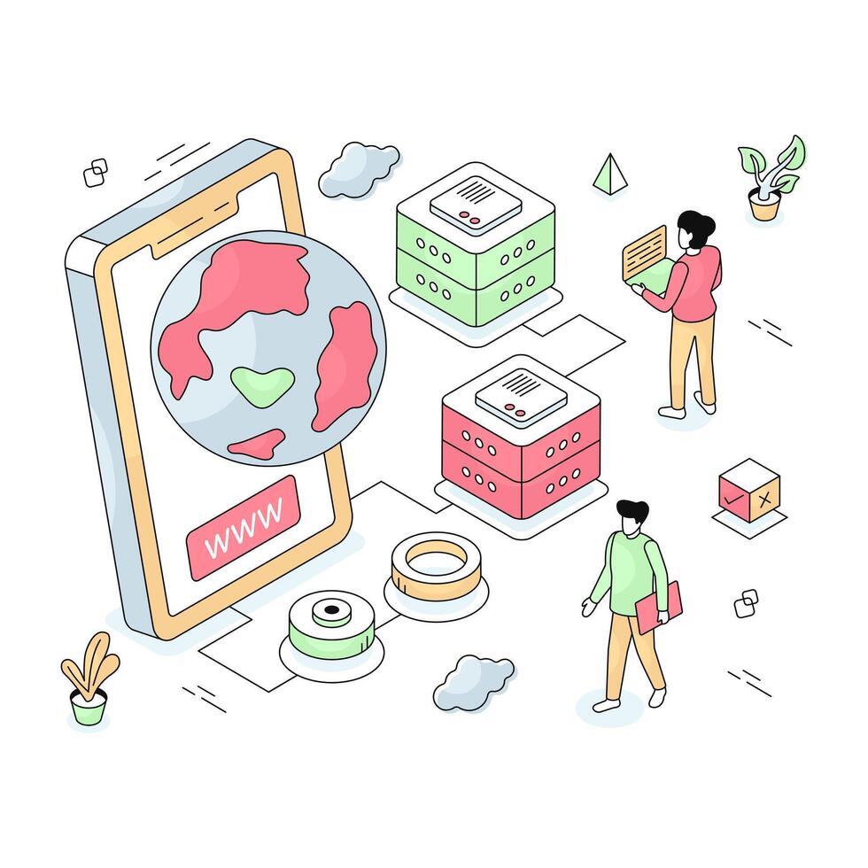 isometric design illustration of mobile browser, www vector