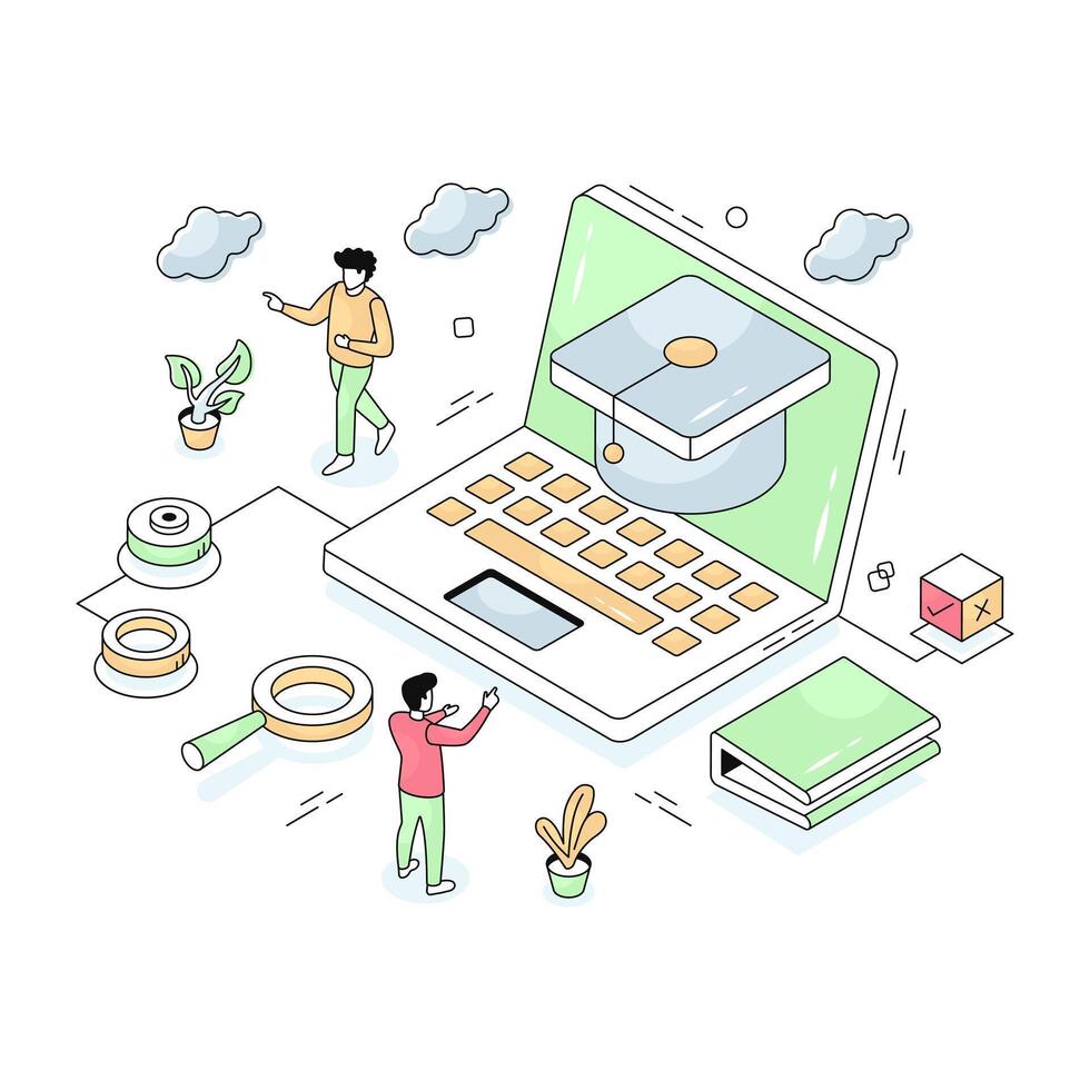 Mortarboard inside laptop, isometric design of distance education vector
