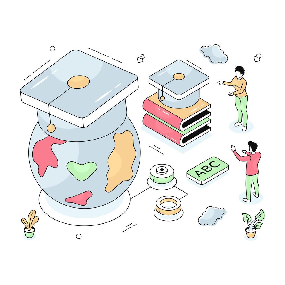 Globe with mortarboard, isometric design of global learning vector