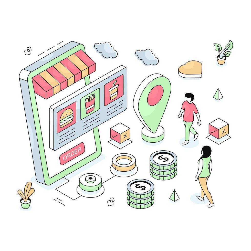 Conceptual isometric design illustration of mobile food order vector