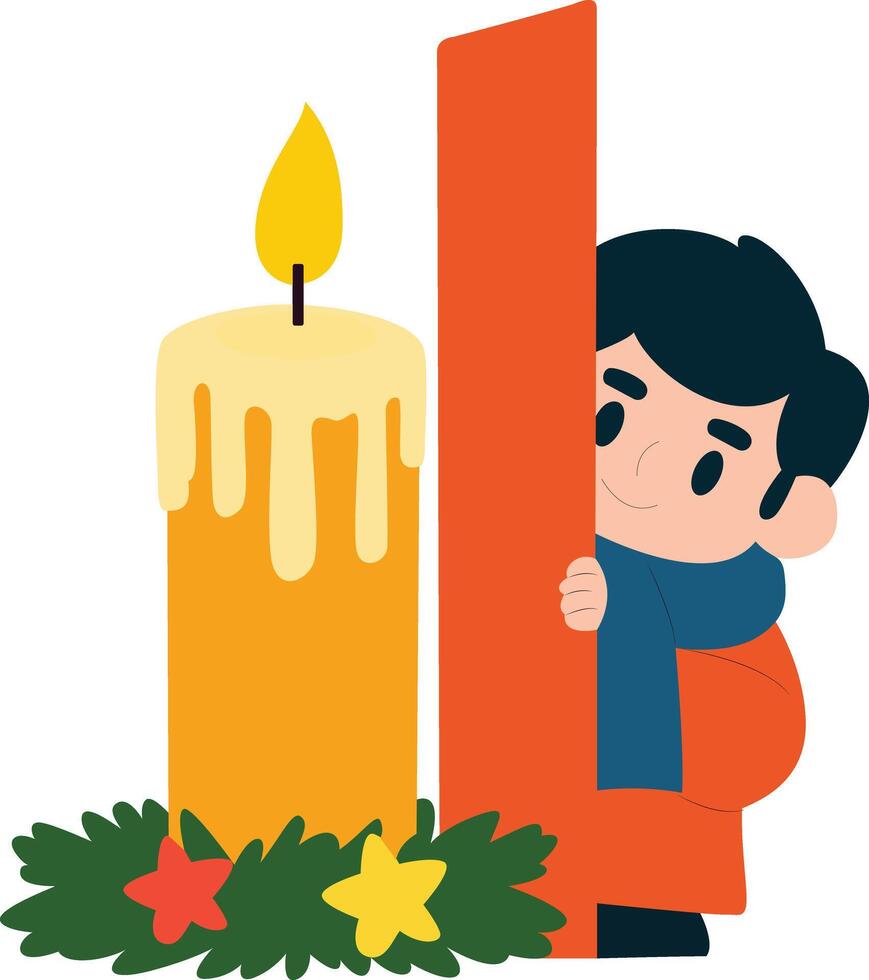 Boy Hiding Behind Advent Candle, happy Candlemas Candle Bearer vector
