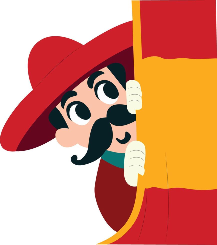 Cartoon Man Peeking Red Curtain peeking, happy Day of Andalusia vector