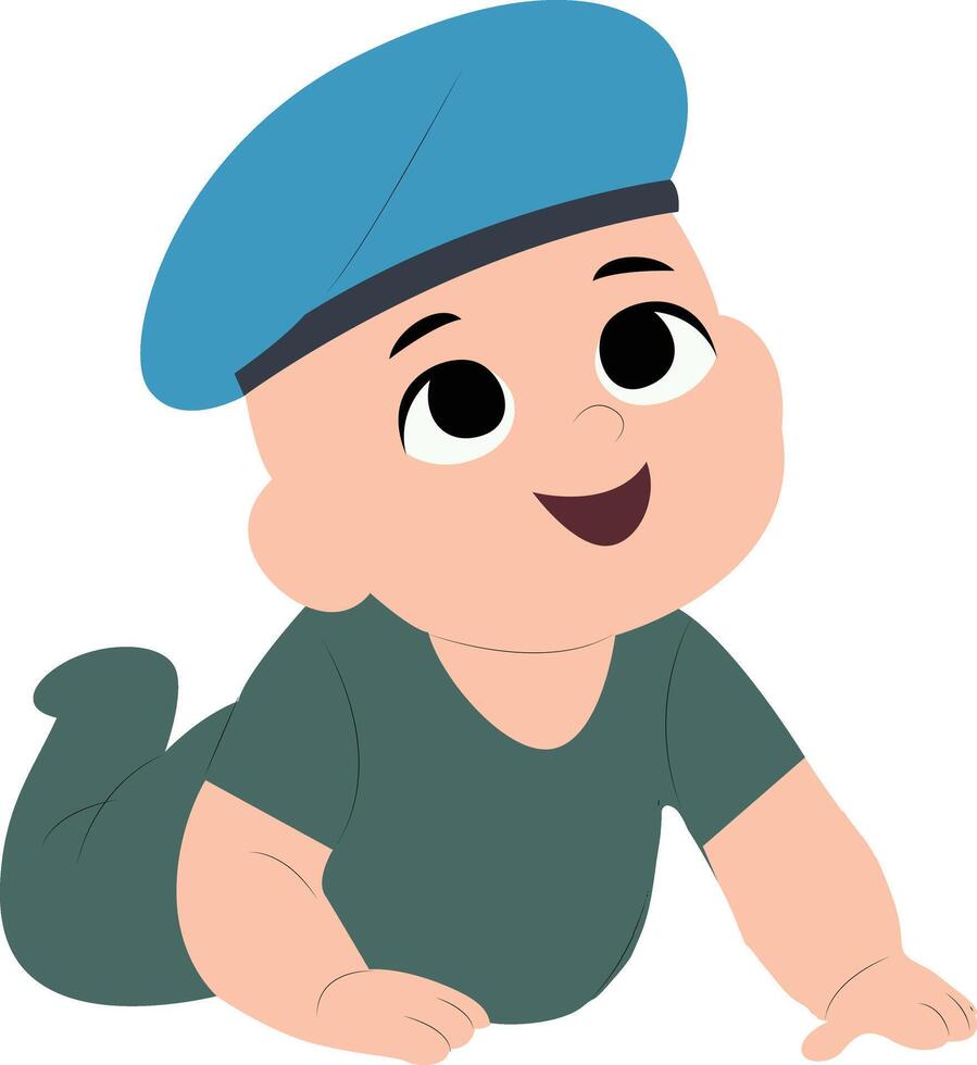 Cute Baby Boy Crawling Blue Beret, happy Day of the Armed Forces vector