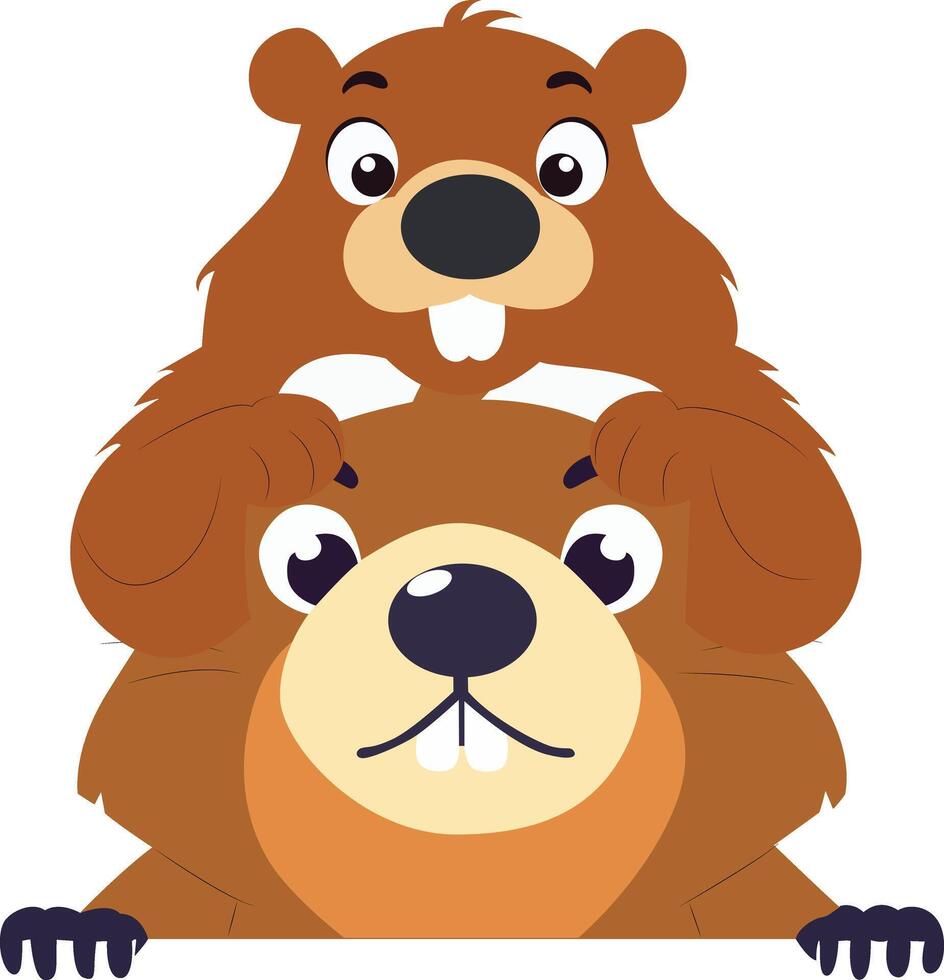 Cute Cartoon Beaver Holding Sign peeking, happy Groundhog Day Predictor vector