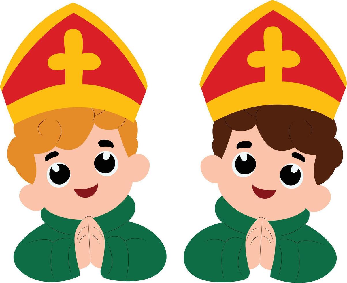 Sinterklaas Assistants Praying Cartoon peeking, happy Saint Blaise Day vector