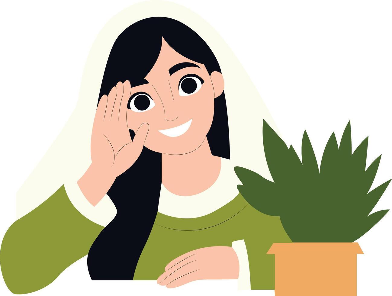 Smiling Woman Greets Plant Potted Indoor peeking, happy Saint Matthias Day vector