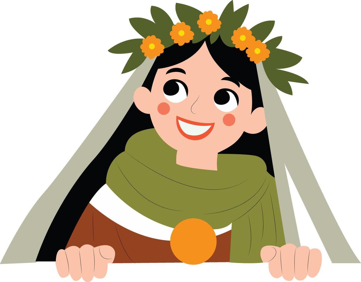 Happy Girl Flower Crown Peeking Illustration peeking, happy Saint Brigid Day Pilgrim vector
