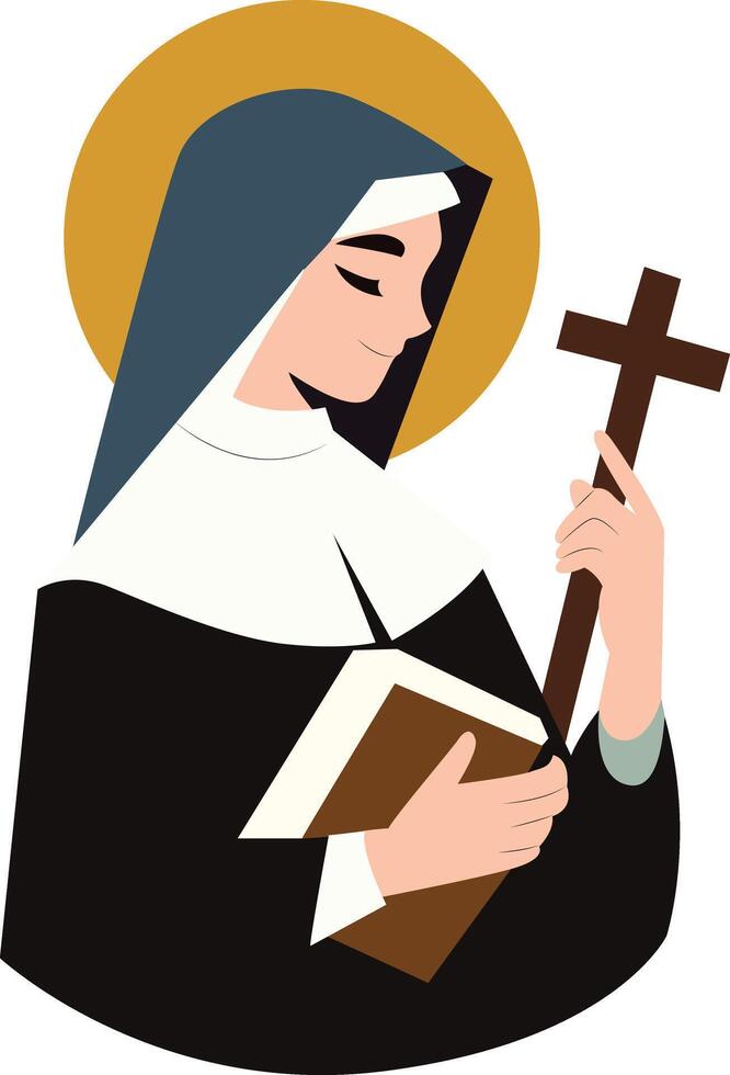 Nun Reading Book Holding Cross, happy St. Scholastica Day vector