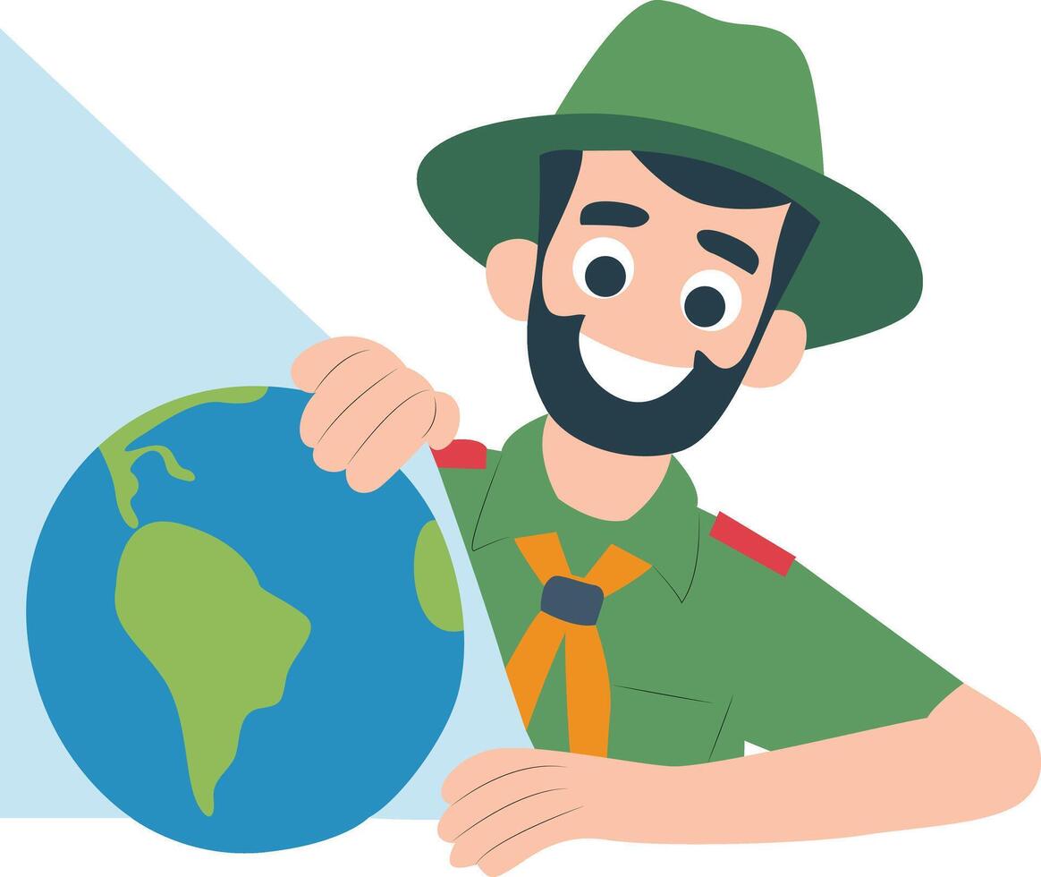 Scout Shows Earth Globe Cartoon peeking, happy World Scout Day vector