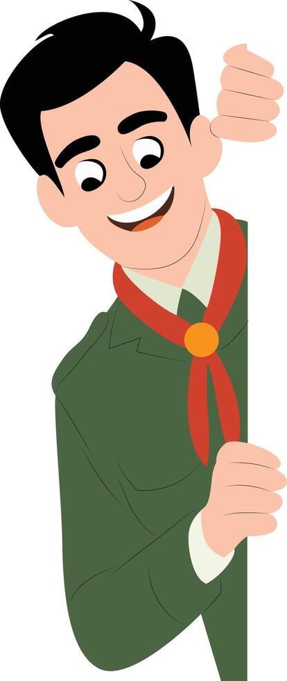 Boy Scout Peeking Corner Cartoon Illustration peeking, happy World Scout Day vector