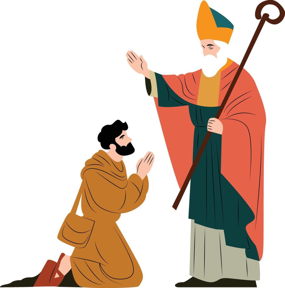 Saint Blessing Kneeling Monk Illustration, Happy St. Maron vector