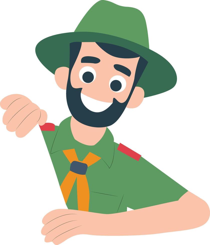 Smiling Scout Inviting, Green Hat peeking, happy World Scout Day vector