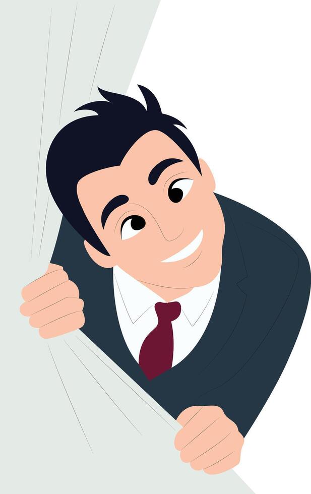 Smiling Businessman Peeking Behind Curtain peeking, Romania Dragobete Day vector