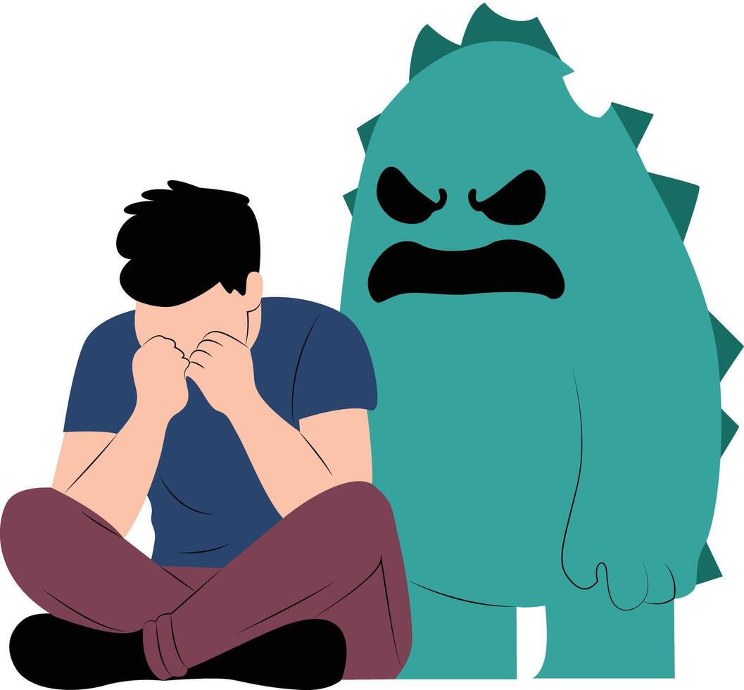 A man is crying and a monster is behind him hand drawn vector