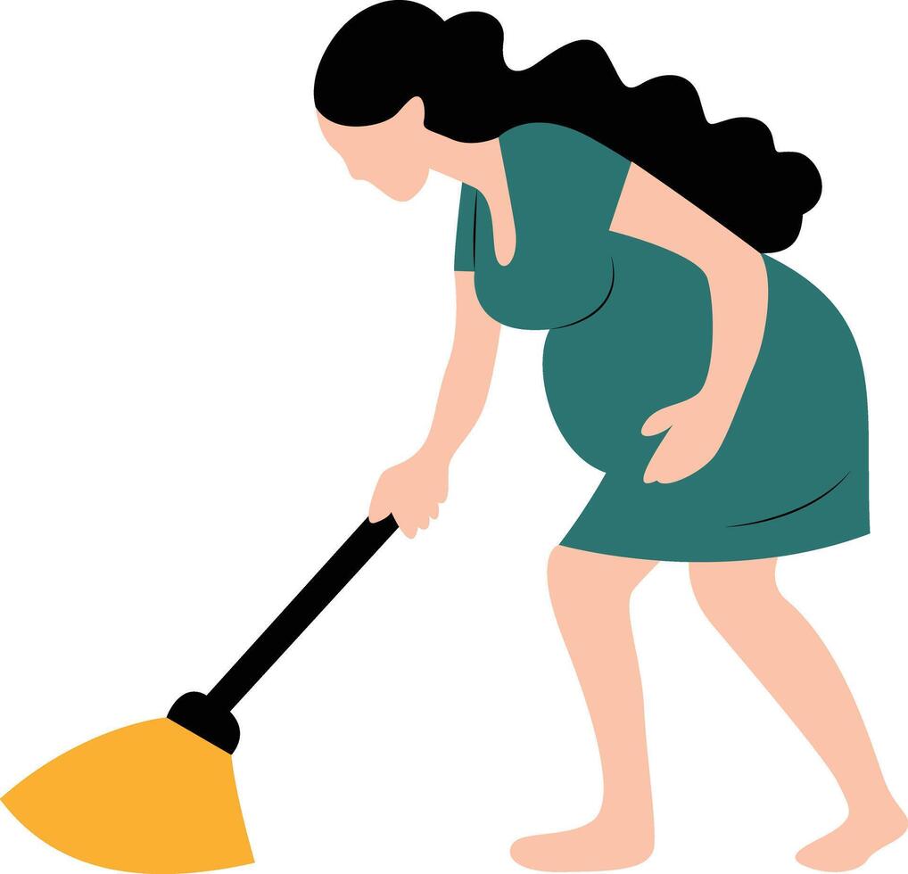 a pregnant woman sweeping the floor hand drawn vector