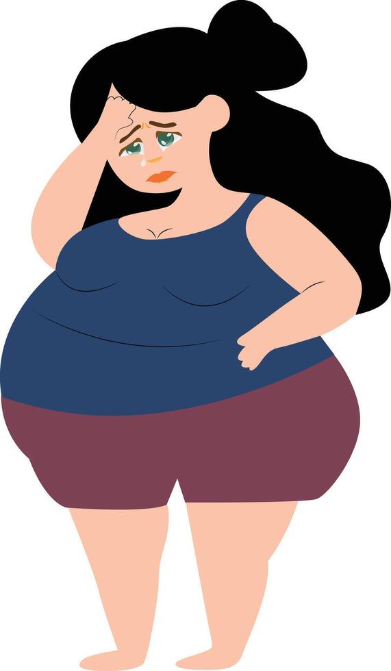 Big belly girl Crying about her weight hand drawn vector