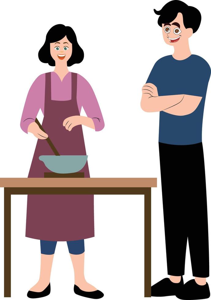 Happy man watching his wife cook hand drawn vector