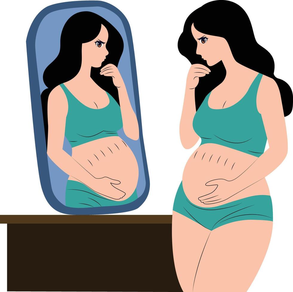 pregnant girl looking in mirror at stretch marks on belly hand drawn vector