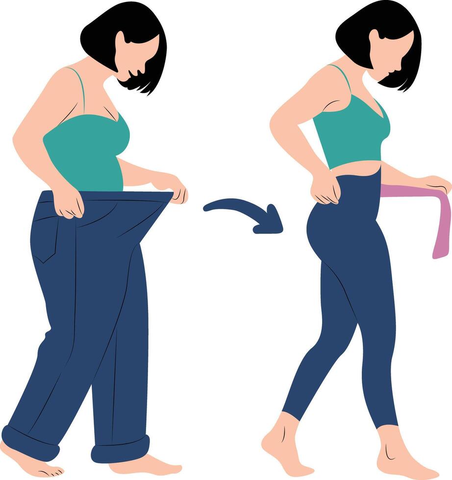 The woman puts on old clothes and feels they no longer fit hand drawn vector