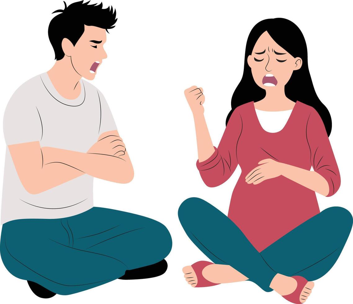 Pregnant woman fullbody holding her belly, sitting with her head down crying. The man fullbody standing next to her angrily shouted vector
