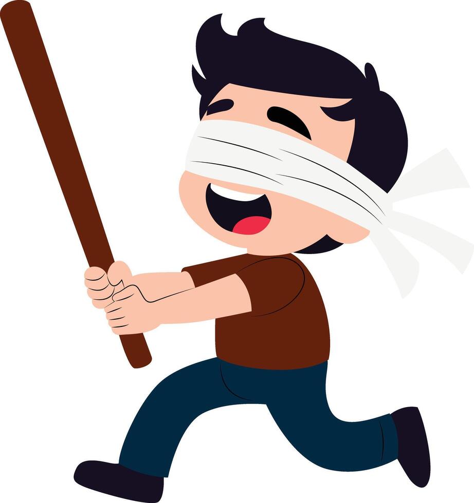Blindfolded Boy Swinging Wooden Stick, happy pinata day vector